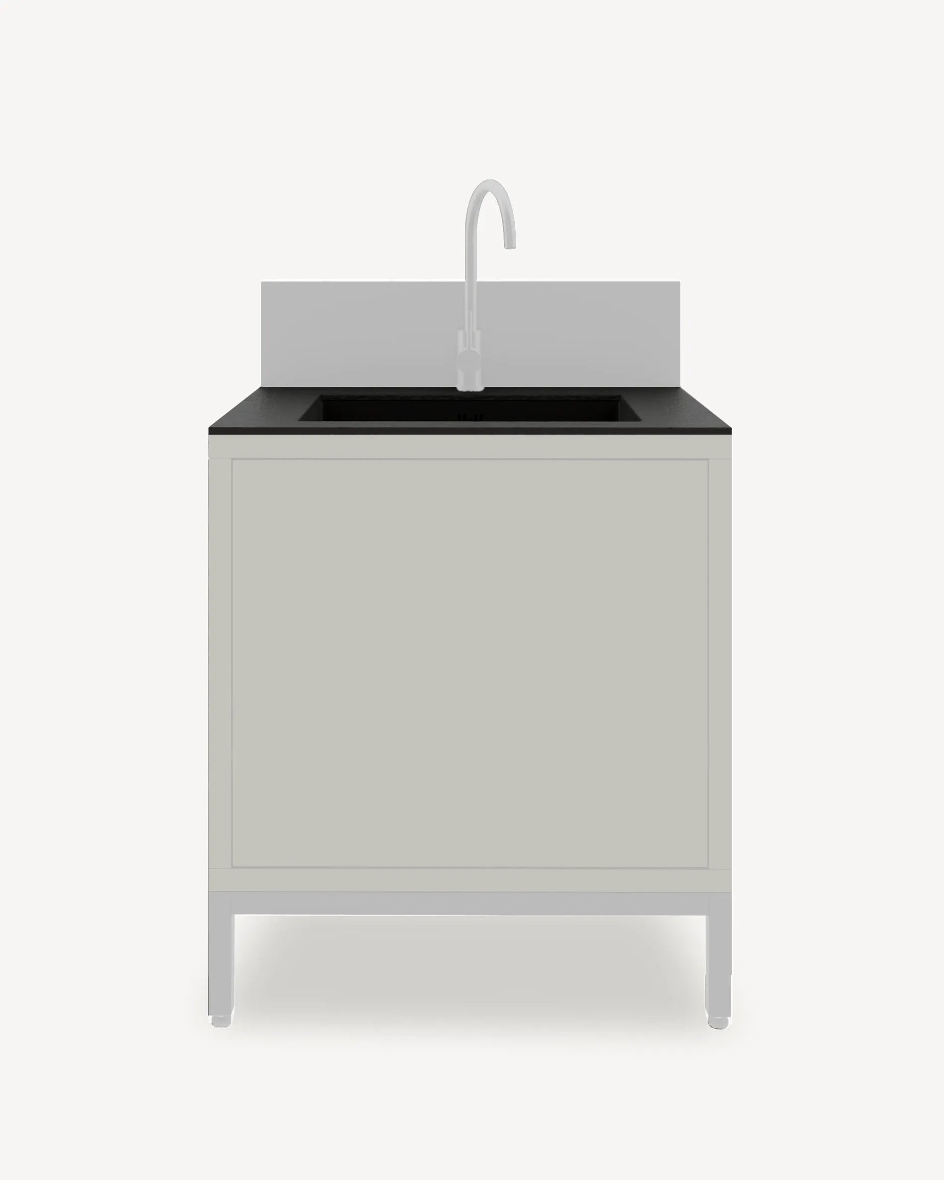 Modulo PILOTIS con lavello: piano nero, frontale grigio e rubinetto, packshot su sfondo bianco