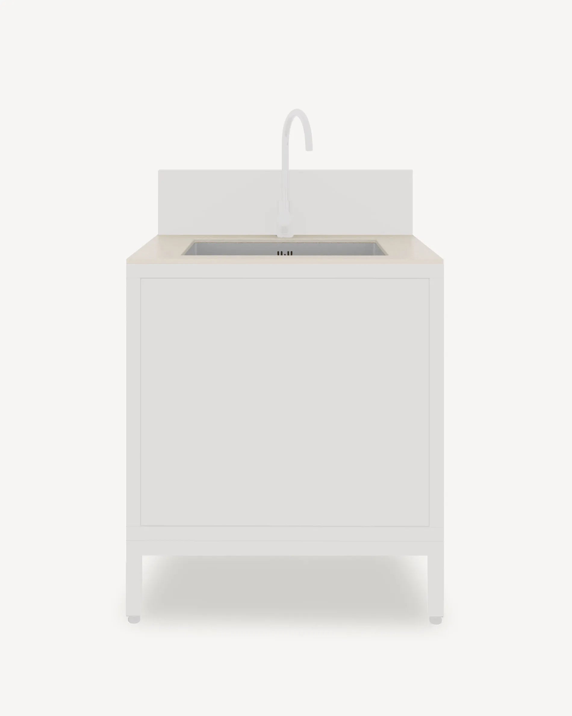 Modulo PILOTIS con lavello, piano d’appoggio, frontale beige crema e rubinetto, packshot su fondo bianco