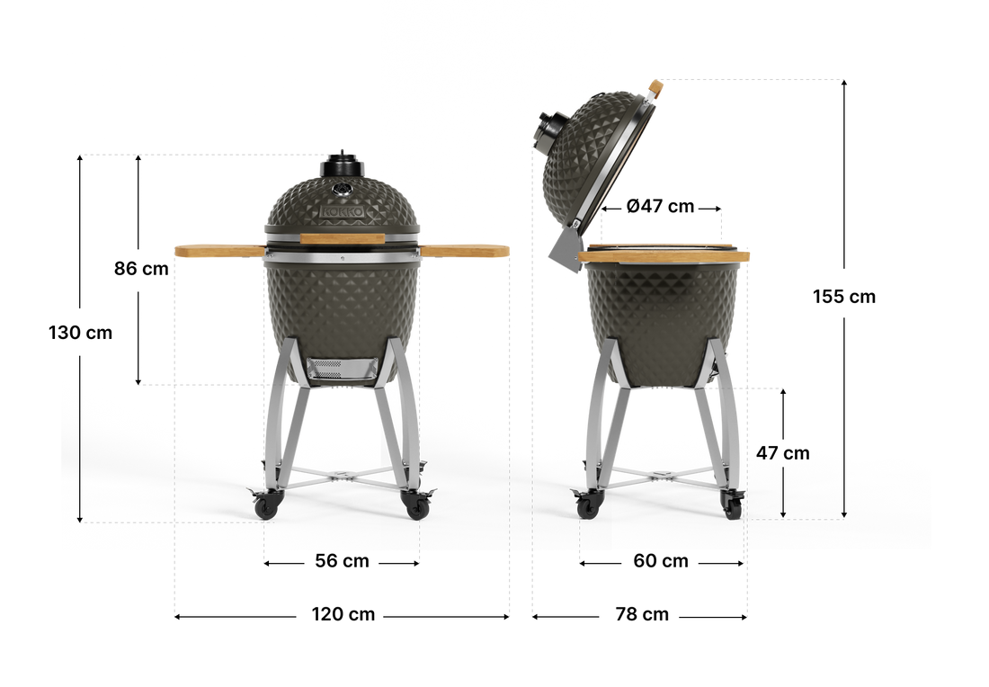 Schema delle dimensioni e delle caratteristiche del kamado Kokko XL.