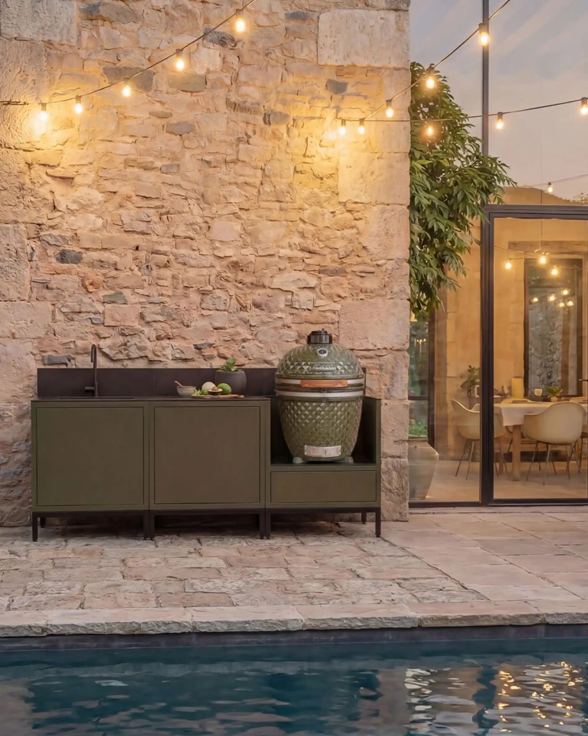 Cucina da esterno Kokko Pilotis olive con lavello e kamado a bordo piscina