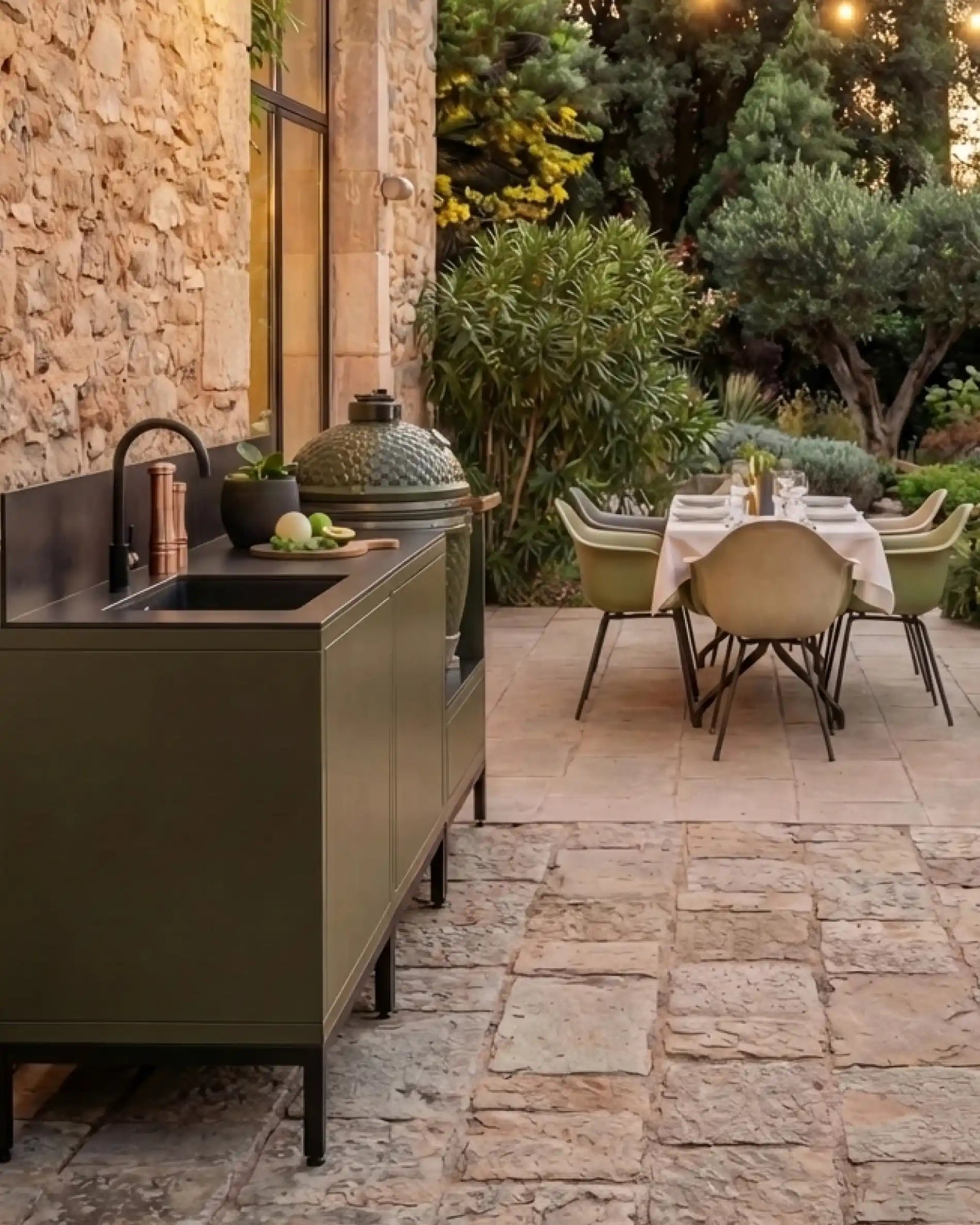 Cucina da esterno Kokko Pilotis olive con lavello e zona pranzo all'aperto