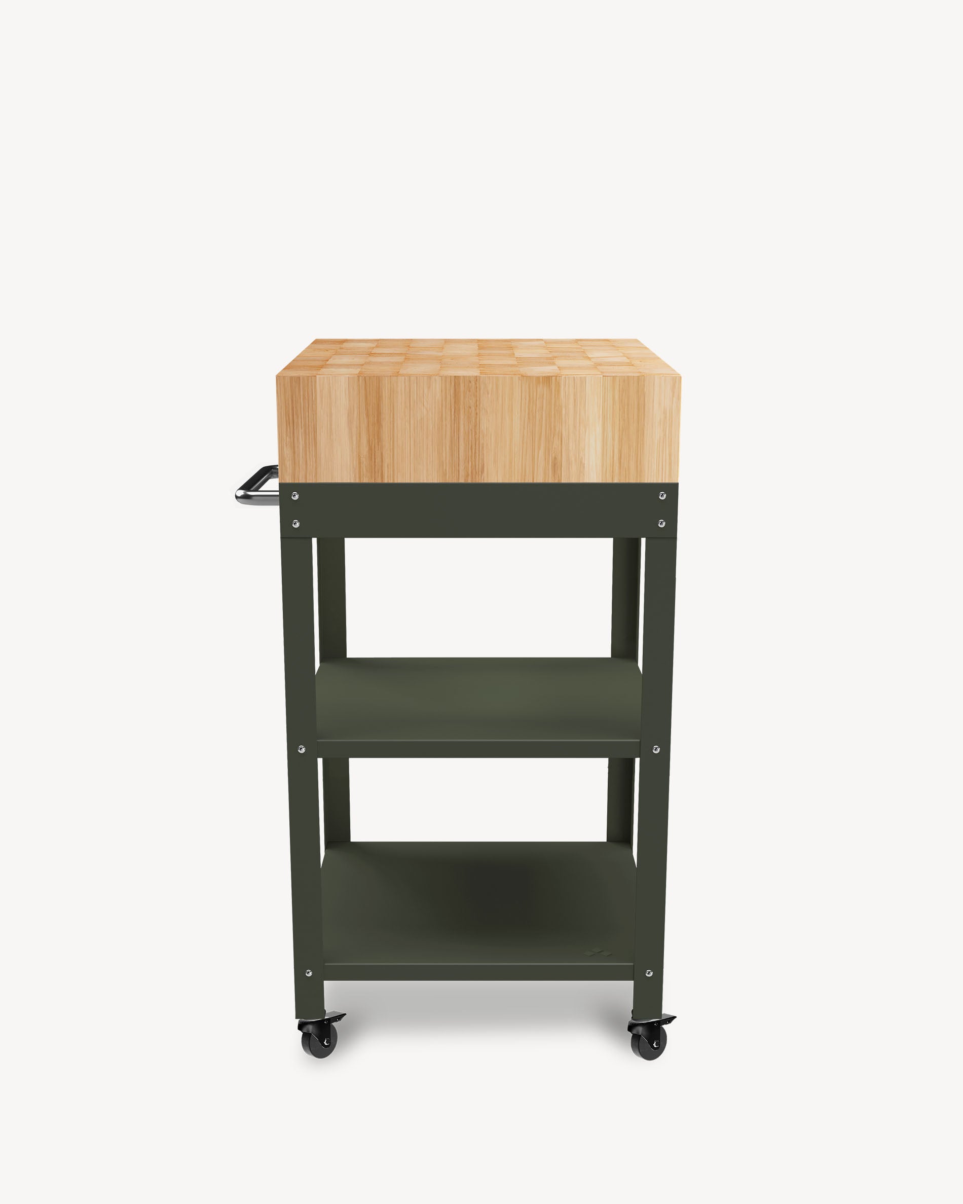 Carrello in metallo verde oliva con tagliere
