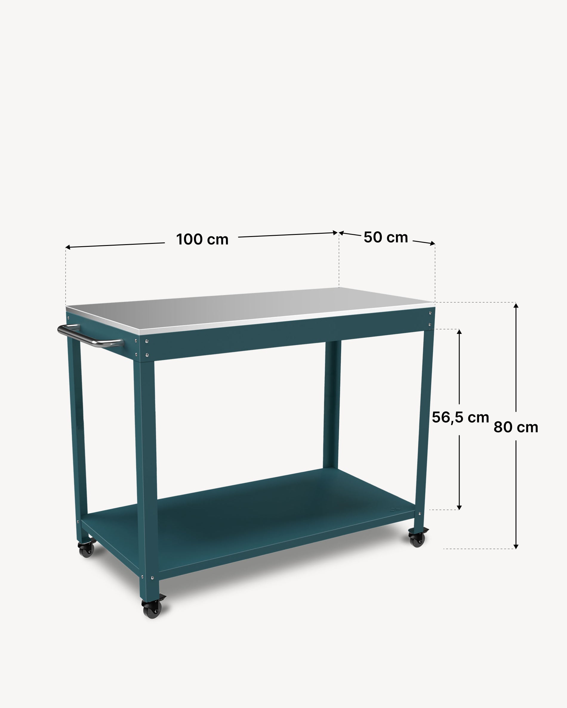Schema delle dimensioni del carrello in metallo Kokko 100 × 50 cm, colore oceano.