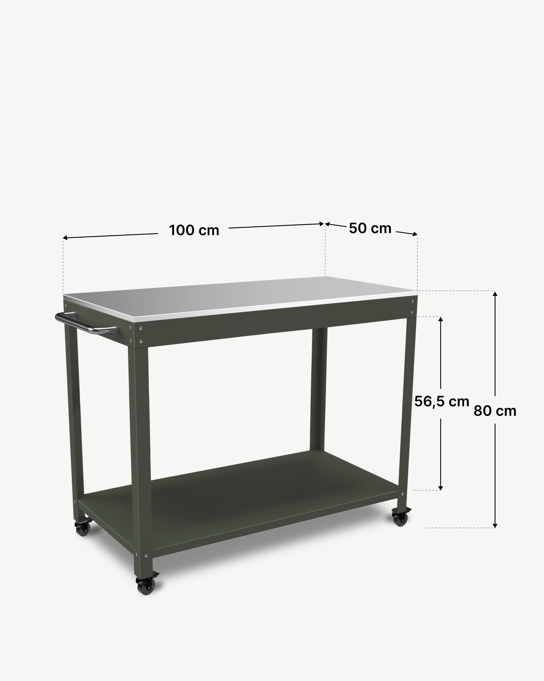 Schema delle dimensioni del carrello in metallo Kokko 100 × 50 cm, colore oliva.