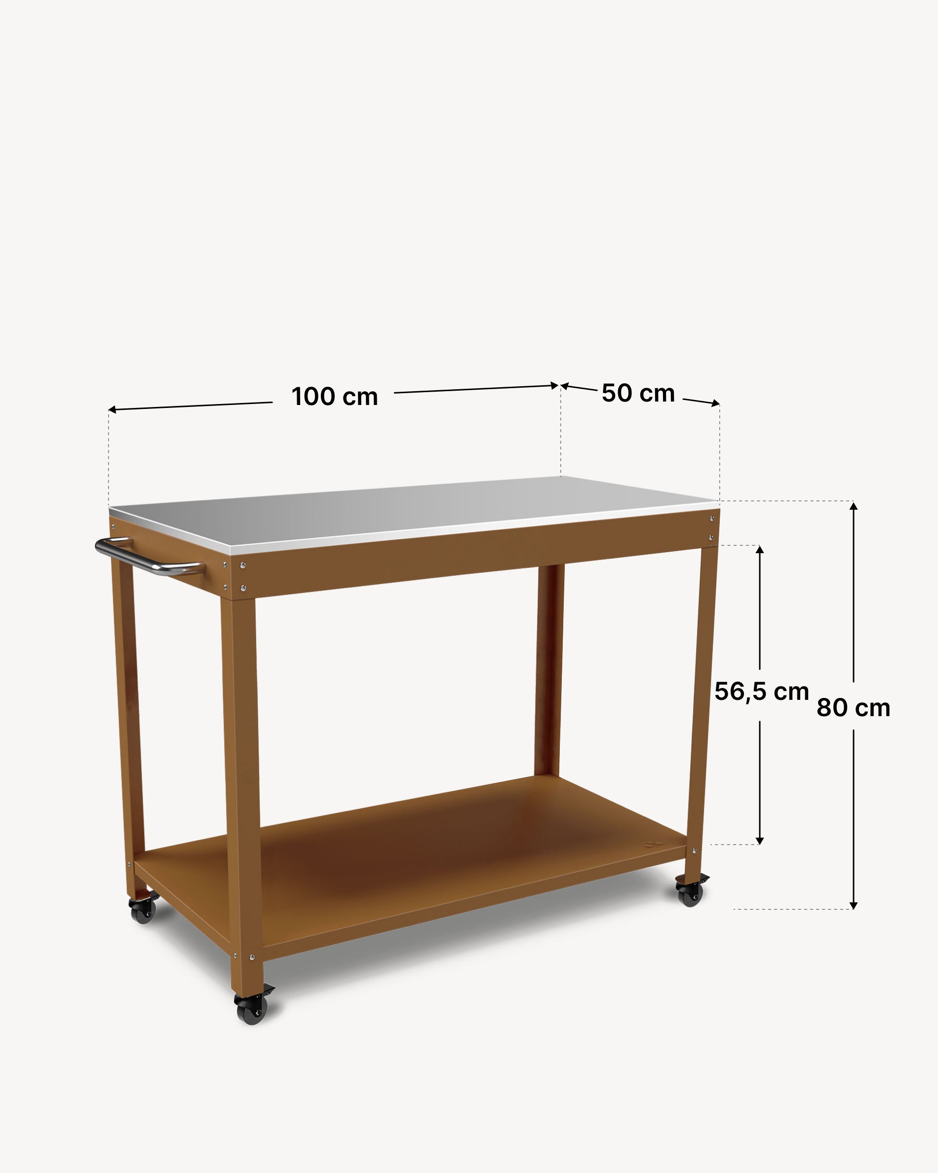 Schema delle dimensioni del carrello in metallo Kokko 100 × 50 cm, colore Siena.