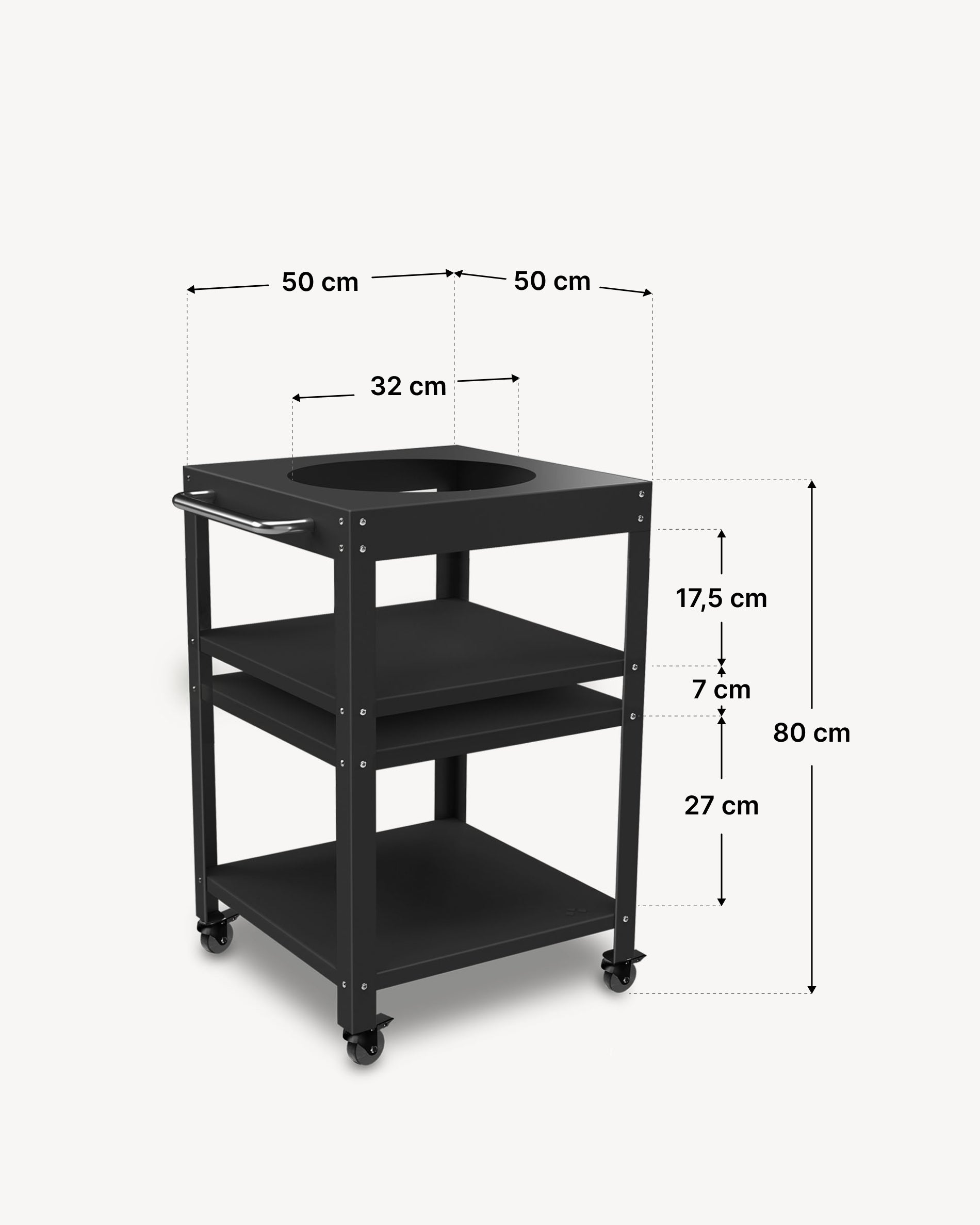 Dimensioni del carrello in metallo 50 × 50 cm per Kokko 13, colore nero.