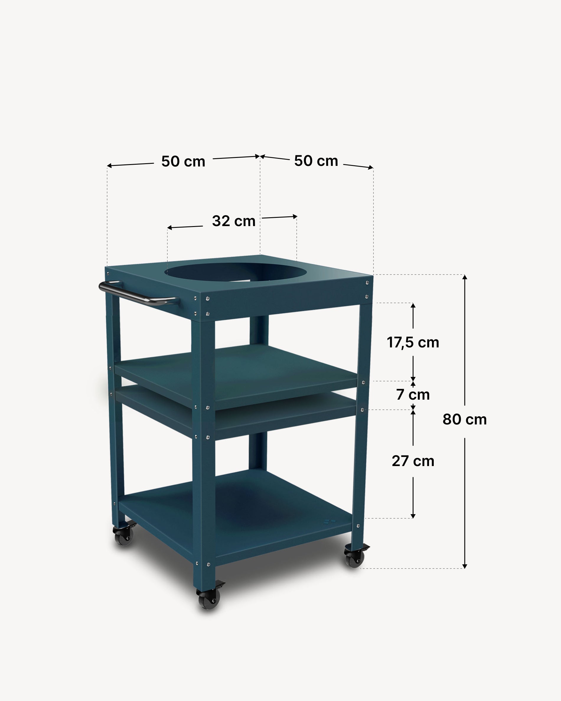 Dimensioni del carrello in metallo 50 × 50 cm per Kokko 13, colore blu oceano.