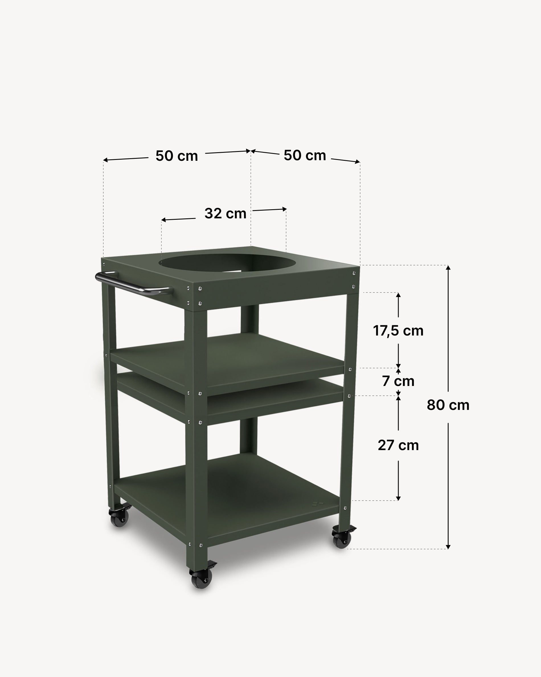 Dimensioni del carrello in metallo 50 × 50 cm per Kokko 13, colore verde oliva.
