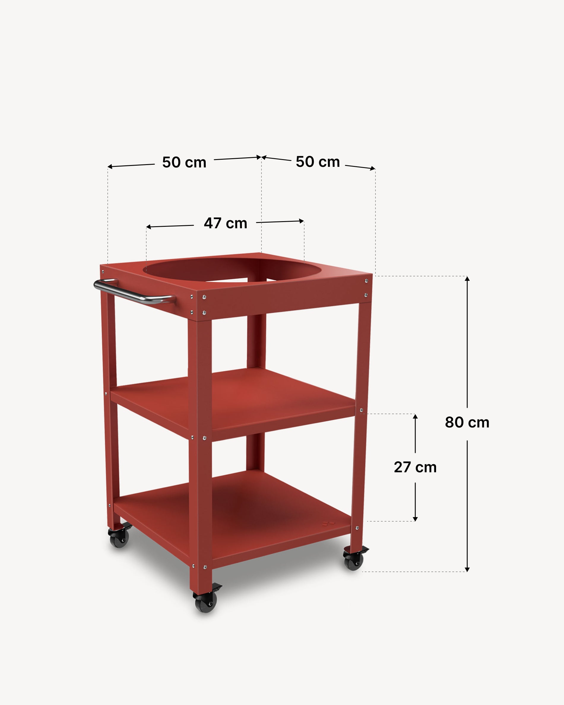 Dimensioni del carrello in metallo 50 × 50 cm per Kokko 18, colore corallo.