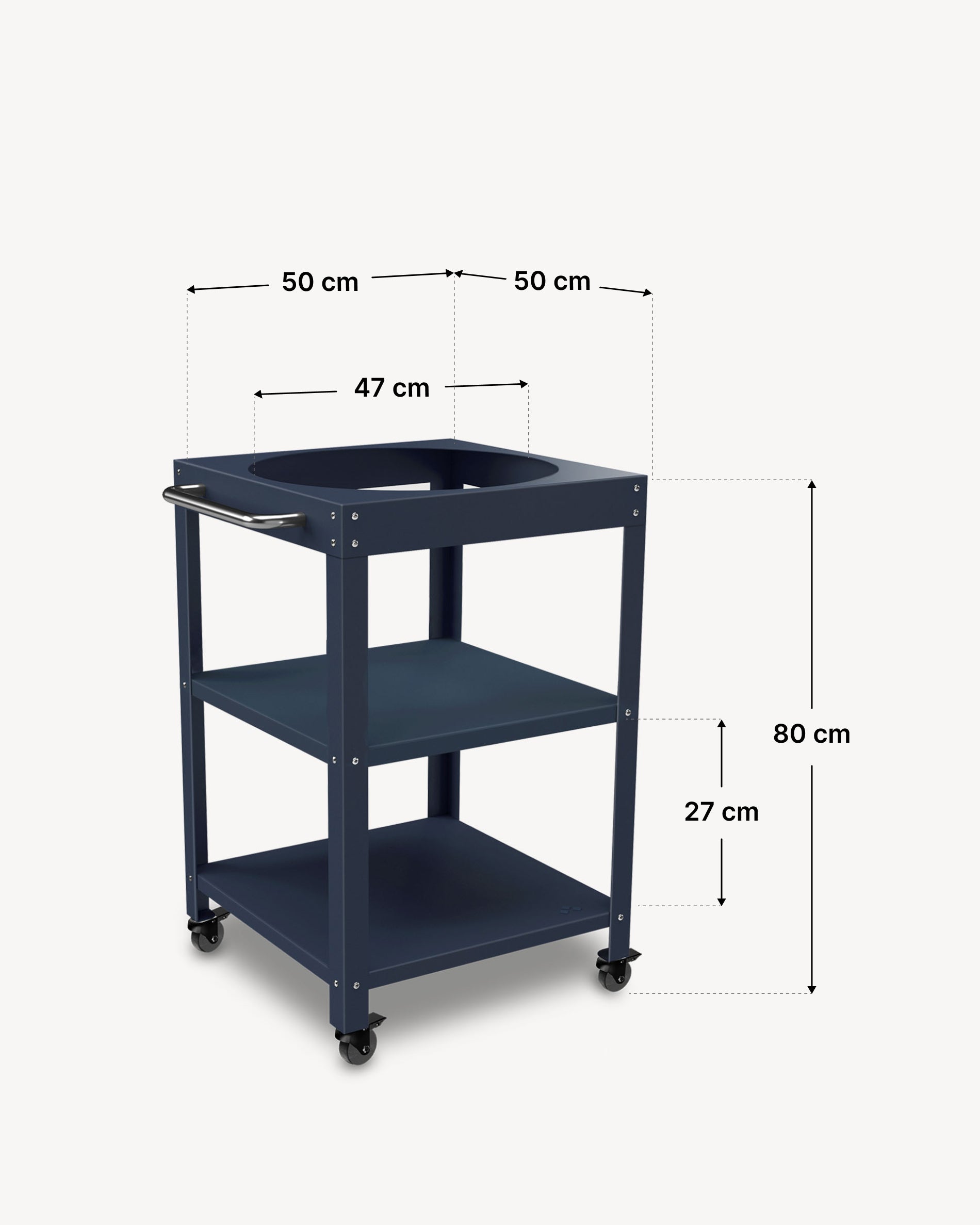 Dimensioni del carrello in metallo 50 × 50 cm per Kokko 18, colore blu navy.