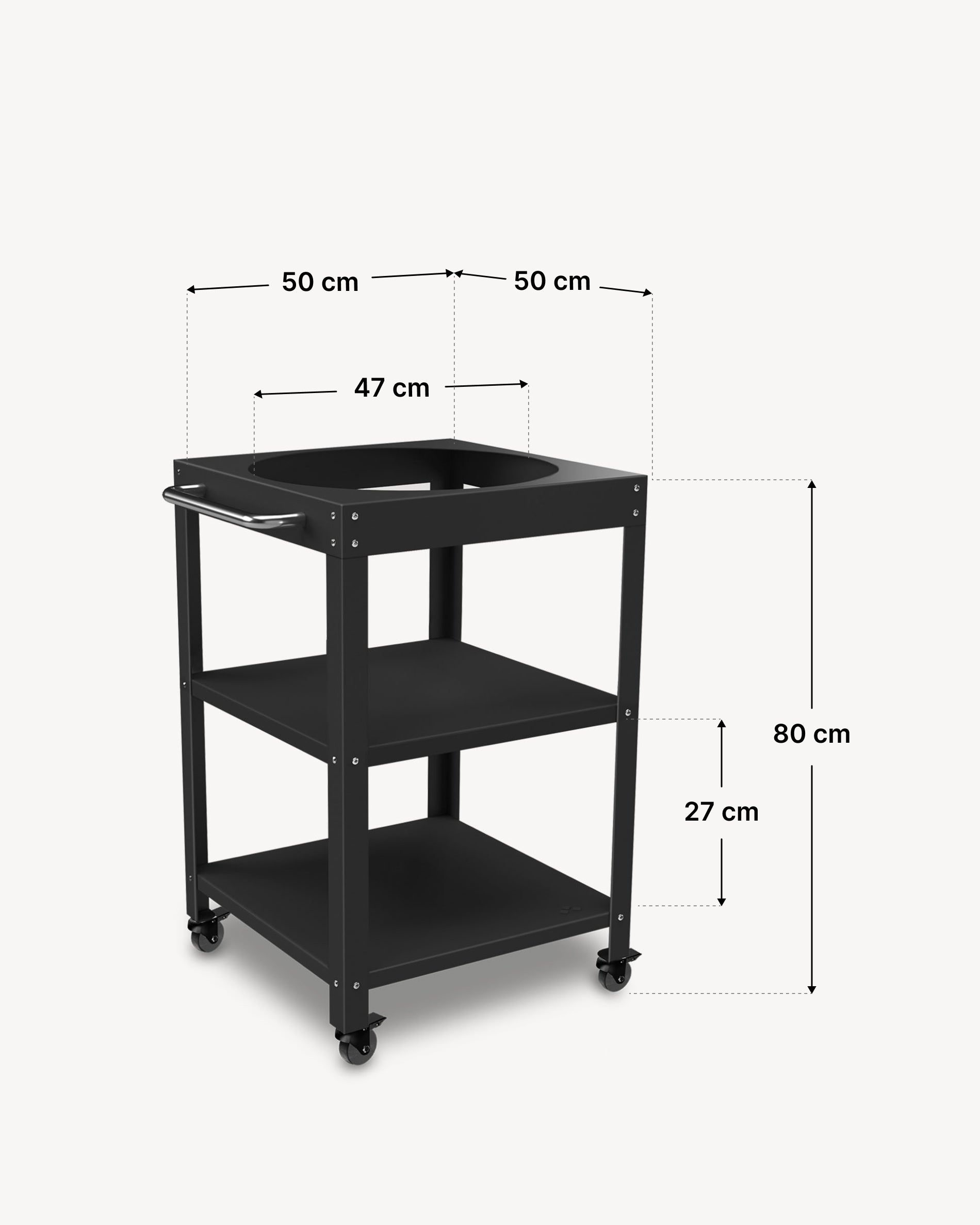 Dimensioni del carrello in metallo 50 × 50 cm per Kokko 18, colore nero.
