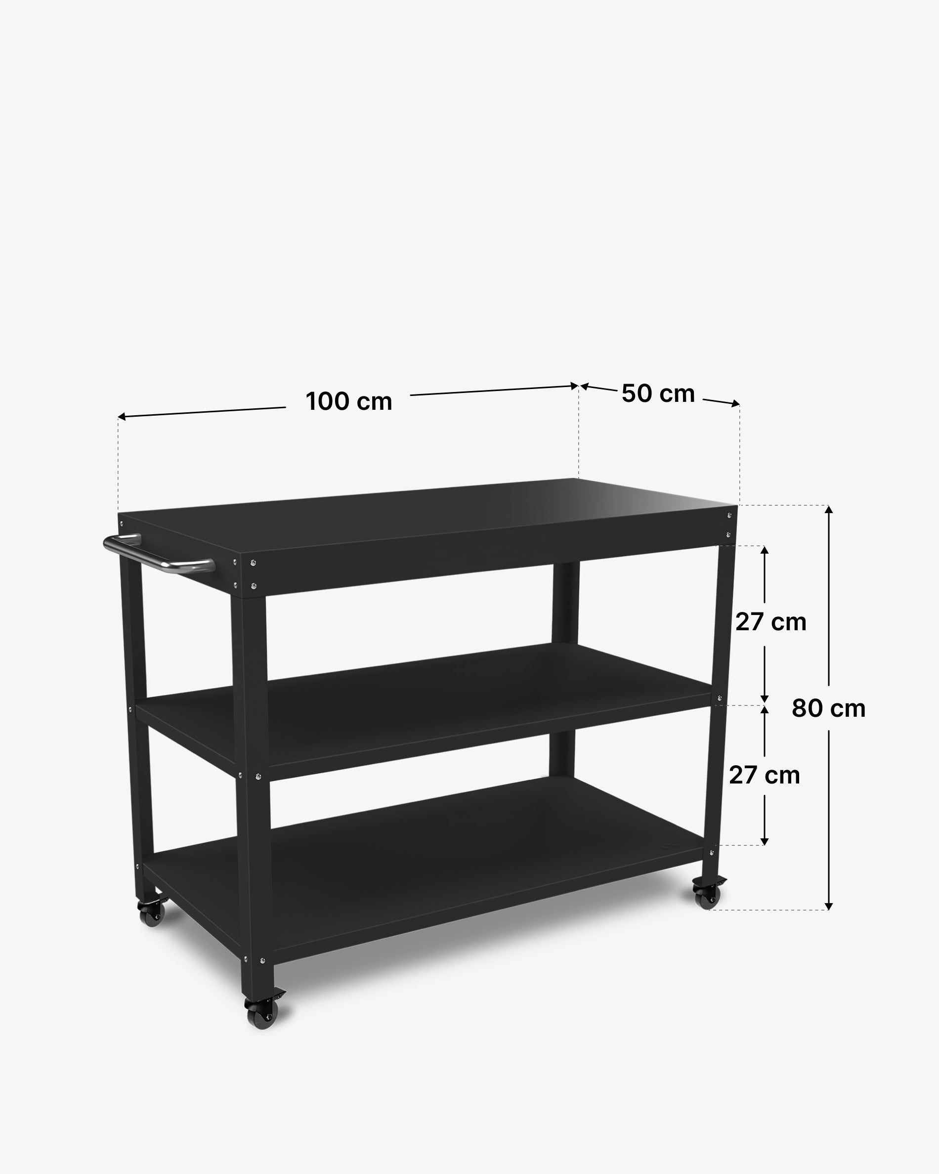 Carrello in metallo con tre ripiani, dimensioni indicate: larghezza 100 cm, profondità 50 cm e altezza totale 80 cm.