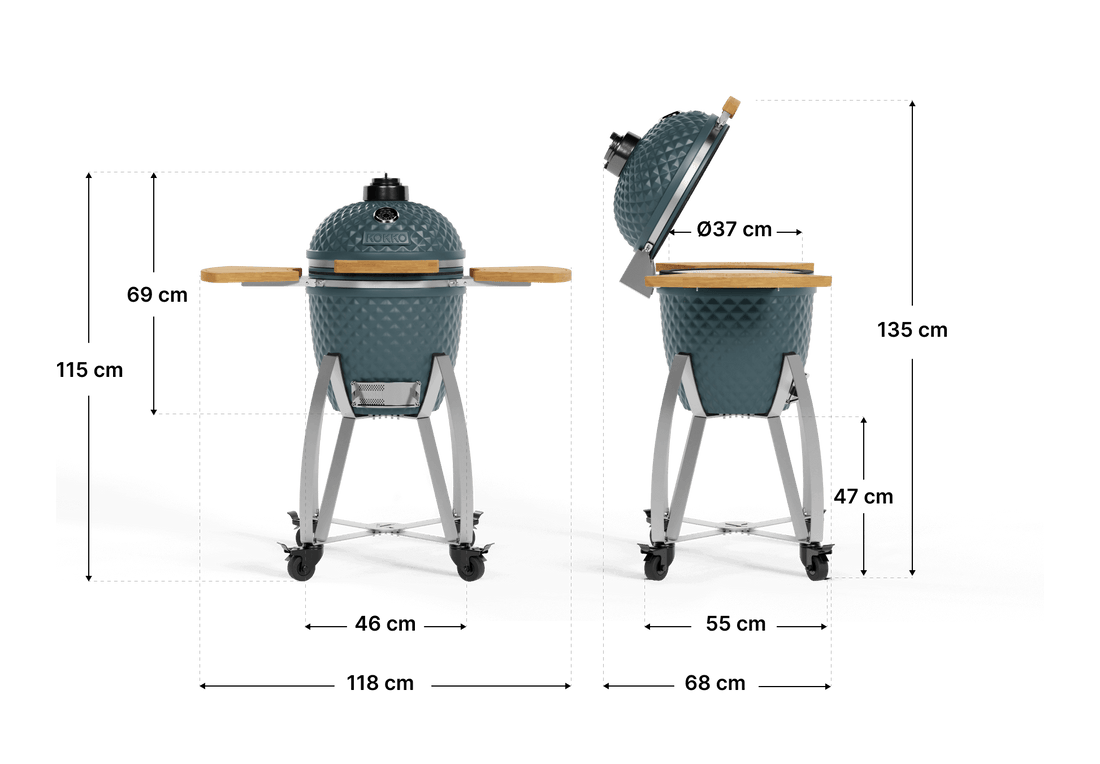 Schema delle dimensioni del kamado Kokko 18 pollici, con le misure complessive del barbecue per l’installazione e l’allestimento degli spazi esterni.
