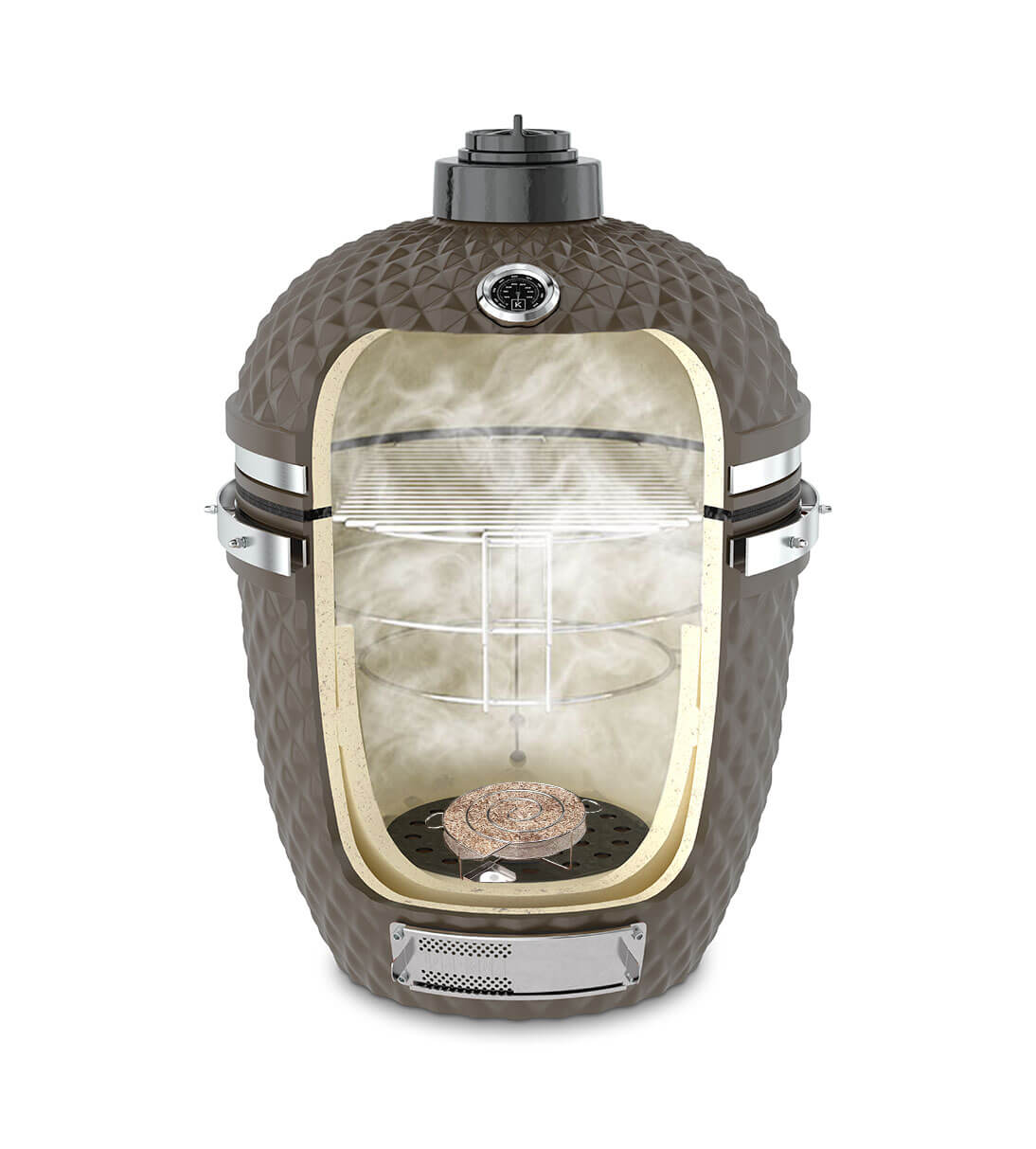 Sezione verticale di un kamado Kokko verde oliva con serpentina per affumicatura a freddo