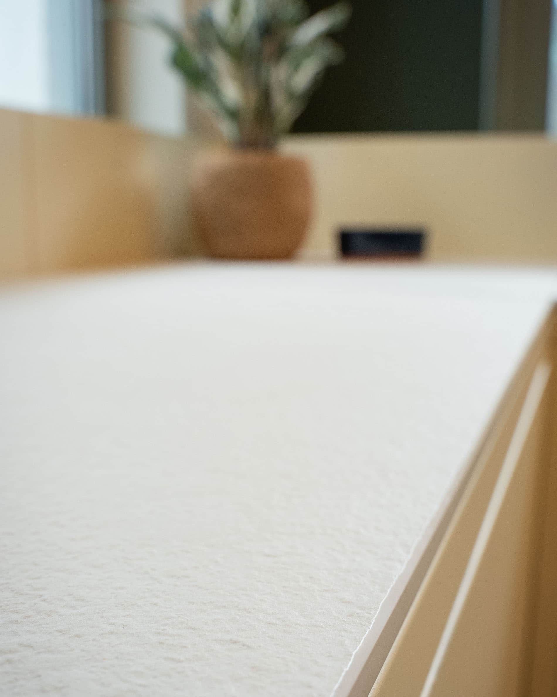 Dettaglio del piano di lavoro di una cucina su palafitte, che mostra la superficie chiara, la texture opaca e la finitura del materiale.