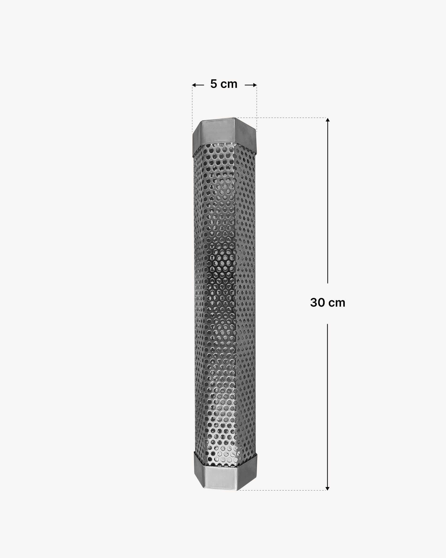 Generatore di fumo in acciaio inox forato per affumicatura a freddo, presentato con uno schema delle dimensioni che indica una lunghezza totale di 30 cm e una larghezza di 5 cm.